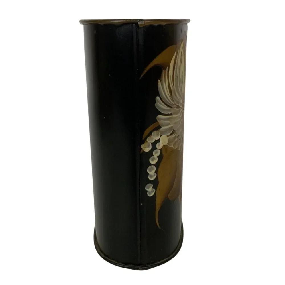 Vintage Hand-Painted Toleware Pencil Holder Black Gold Floral Oval Design